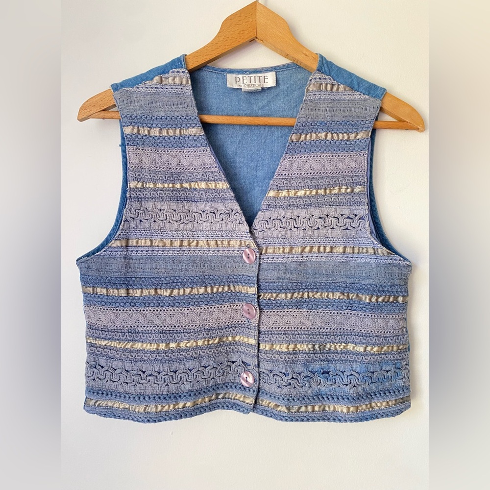 Vintage Vest Women’s Small 100% Cotton Crop Chambray Ribbon Vest Western Wear